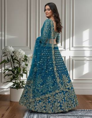 Teal Designer Sequin Embroidered Net Lehenga Choli with Dupatta  Party Wear / Wedding Wear 2