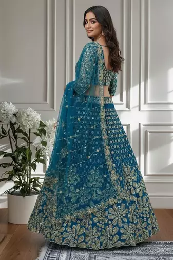 Teal Designer Sequin Embroidered Net Lehenga Choli with Dupatta   Party Wear / Wedding Wear