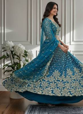Teal Designer Sequin Embroidered Net Lehenga Choli with Dupatta  Party Wear / Wedding Wear 3