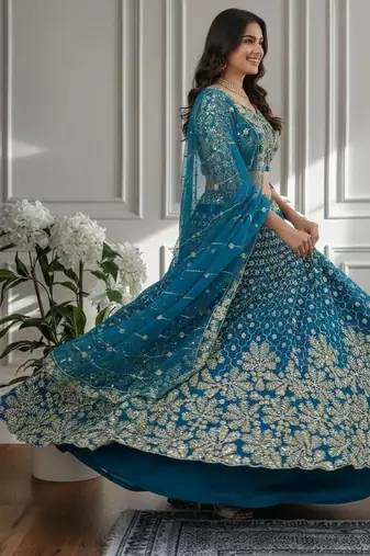 Teal Designer Sequin Embroidered Net Lehenga Choli with Dupatta   Party Wear / Wedding Wear