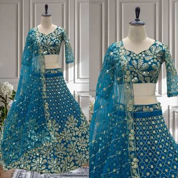Teal Designer Sequin Embroidered Net Lehenga Choli with Dupatta  Party Wear / Wedding Wear 4