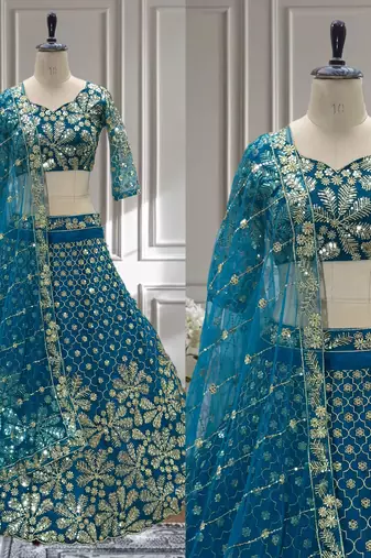 Teal Designer Sequin Embroidered Net Lehenga Choli with Dupatta   Party Wear / Wedding Wear