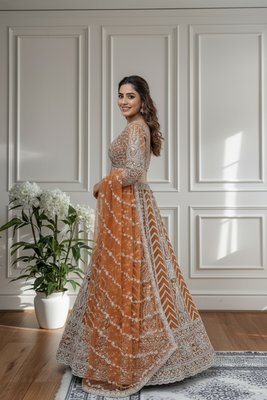 RUST Designer Sequin Embroidered Net Lehenga Choli with Dupatta  Party Wear / Wedding Wear 2