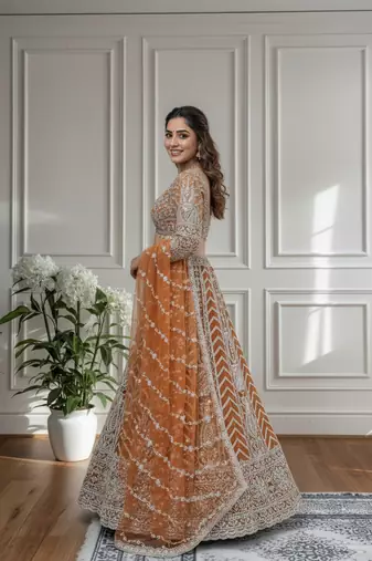 RUST Designer Sequin Embroidered Net Lehenga Choli with Dupatta   Party Wear / Wedding Wear