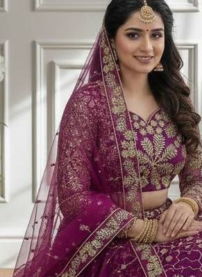 Wine Designer Sequin Embroidered Net Lehenga Choli with Dupatta  Party Wear / Wedding Wear 4