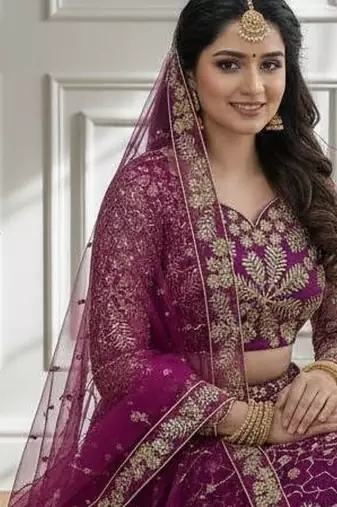 Wine Designer Sequin Embroidered Net Lehenga Choli with Dupatta   Party Wear / Wedding Wear