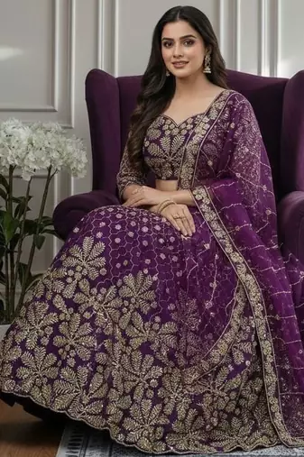 Purple Designer Sequin Embroidered Net Lehenga Choli with Dupatta   Party Wear / Wedding Wear