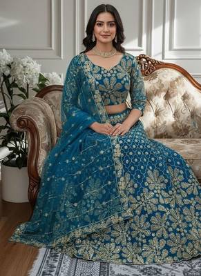 Teal Designer Sequin Embroidered Net Lehenga Choli with Dupatta  Party Wear / Wedding Wear 5