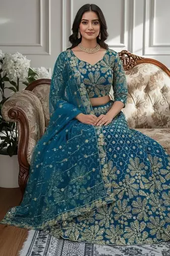 Teal Designer Sequin Embroidered Net Lehenga Choli with Dupatta   Party Wear / Wedding Wear