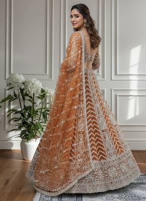 RUST Designer Sequin Embroidered Net Lehenga Choli with Dupatta  Party Wear / Wedding Wear 3