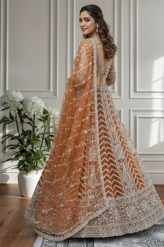 RUST Designer Sequin Embroidered Net Lehenga Choli with Dupatta   Party Wear / Wedding Wear