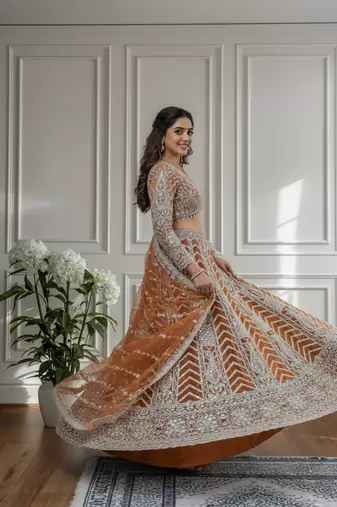 RUST Designer Sequin Embroidered Net Lehenga Choli with Dupatta   Party Wear / Wedding Wear