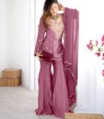 Women's Pink Silk Party Wear Sharara Suit Set with Embroidery Work 