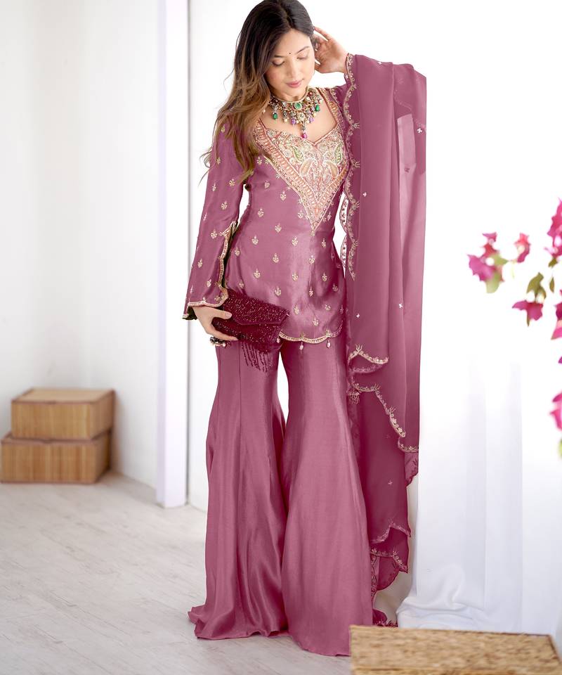 Women's Pink Silk Party Wear Sharara Suit Set with Embroidery Work 