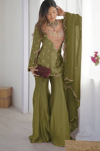 Women's Mehendi Silk Party Wear Sharara Suit Set with Embroidery Work 