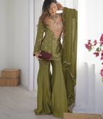 Women's Mehendi Silk Party Wear Sharara Suit Set with Embroidery Work 