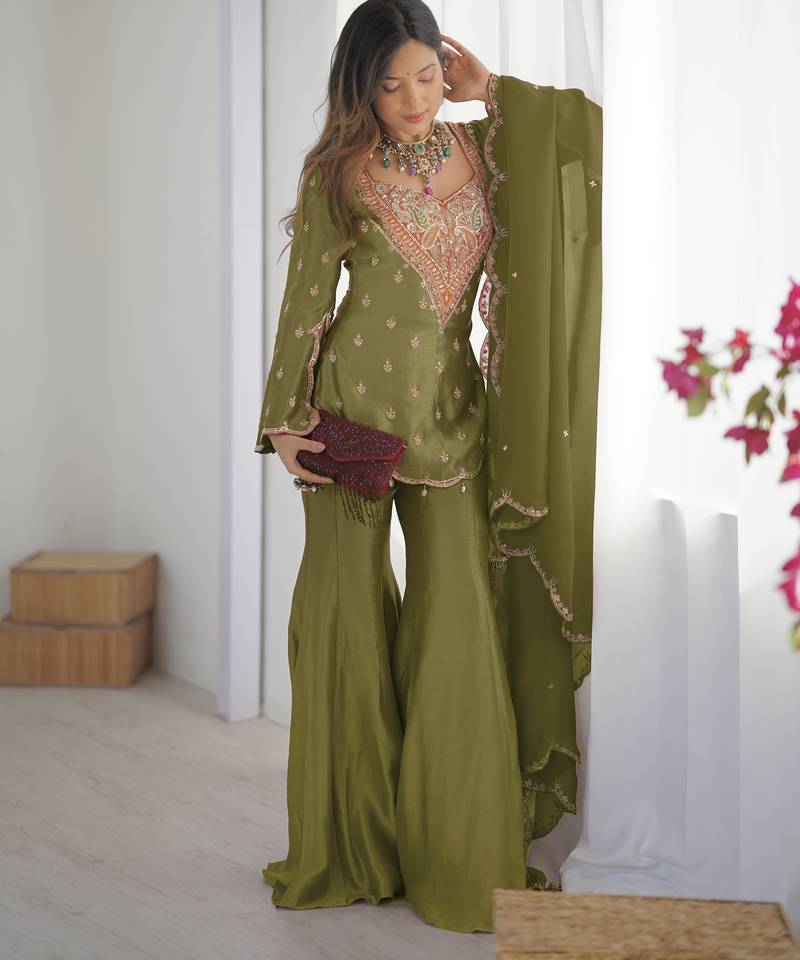 Women's Mehendi Silk Party Wear Sharara Suit Set with Embroidery Work 