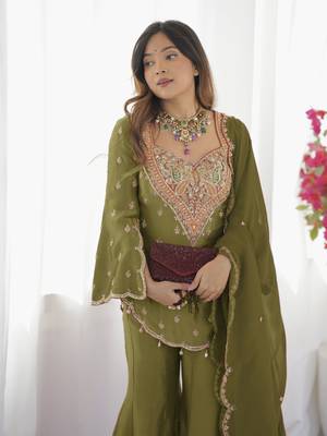 Women's Mehendi Silk Party Wear Sharara Suit Set with Embroidery Work  2