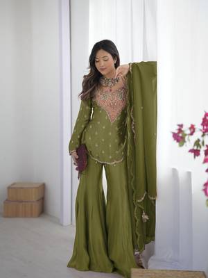 Women's Mehendi Silk Party Wear Sharara Suit Set with Embroidery Work  3