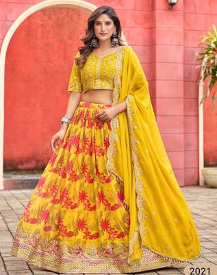yellow art silk blend lehenga set with choli and dupatta 1