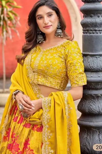 yellow art silk lehenga set with choli and dupatta