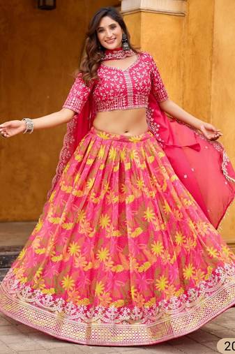 Magenta art silk semi stitched lehenga choli with taby silk print