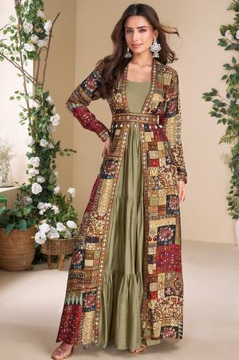 Olive heavy fox georgette free size anarkali shrug suit with silk print