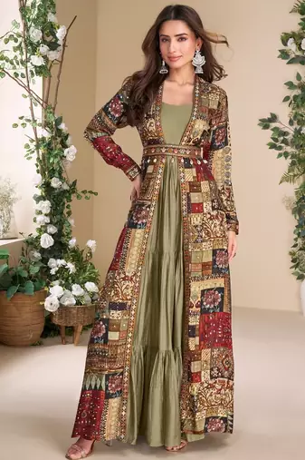 Olive heavy fox georgette free size anarkali shrug suit with silk print