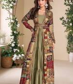 Olive heavy fox georgette free size anarkali shrug suit with silk print