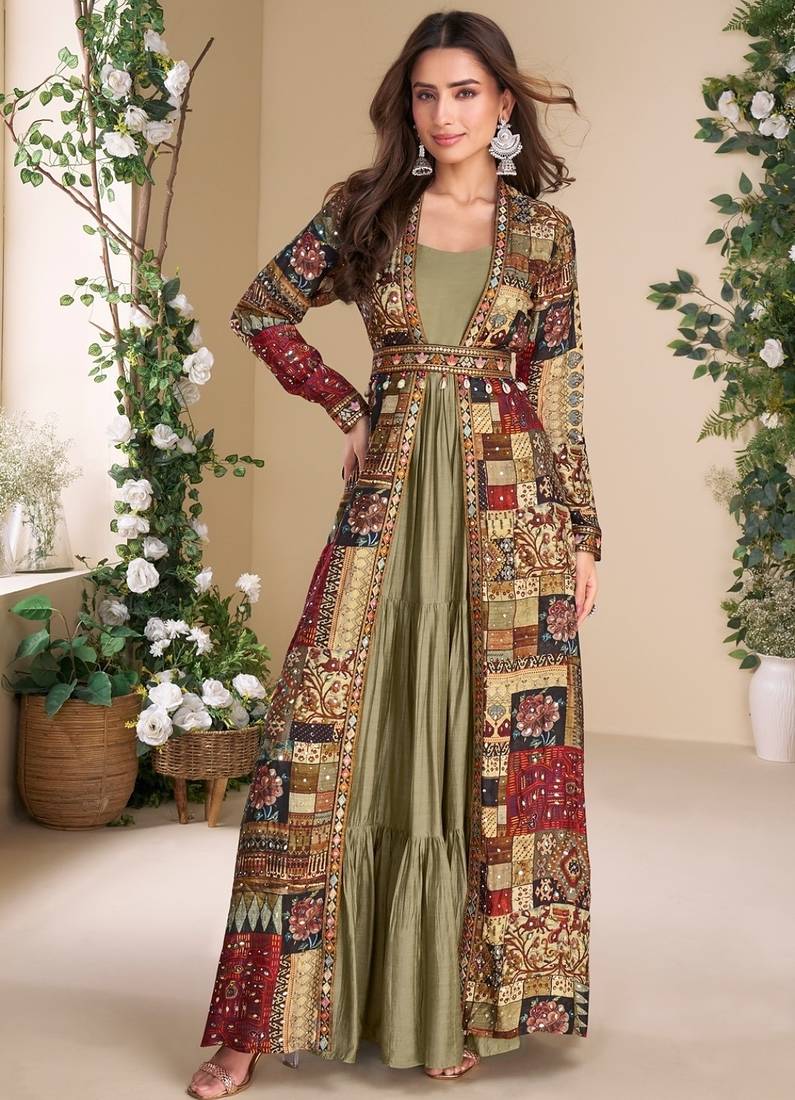 Olive heavy fox georgette free size anarkali shrug suit with silk print