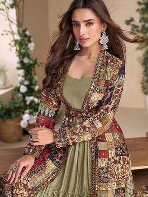 Olive heavy fox georgette free size anarkali shrug suit with silk print 2