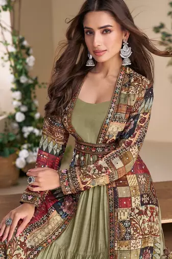 Olive heavy fox georgette free size anarkali shrug suit with silk print