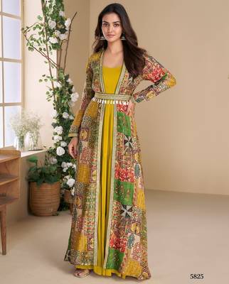 Yellow heavy fox georgette free size anarkali shrug suit with silk print 1