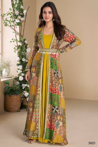 Yellow heavy fox georgette free size anarkali shrug suit with silk print