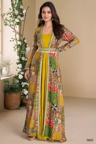 Yellow heavy fox georgette free size anarkali shrug suit with silk print