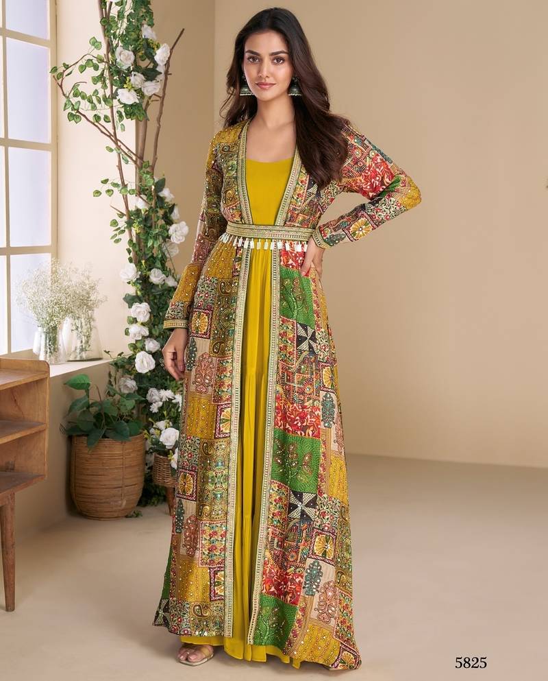 Yellow heavy fox georgette free size anarkali shrug suit with silk print