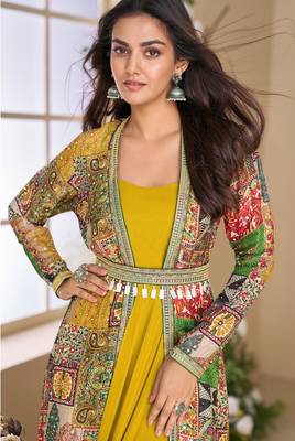 Yellow heavy fox georgette free size anarkali shrug suit with silk print 2