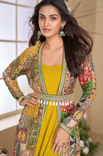 Yellow heavy fox georgette free size anarkali shrug suit with silk print