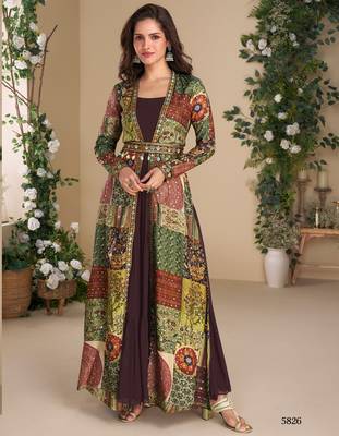 Brown heavy fox georgette free size anarkali shrug suit with silk print 1