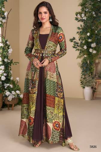 Brown heavy fox georgette free size anarkali shrug suit with silk print
