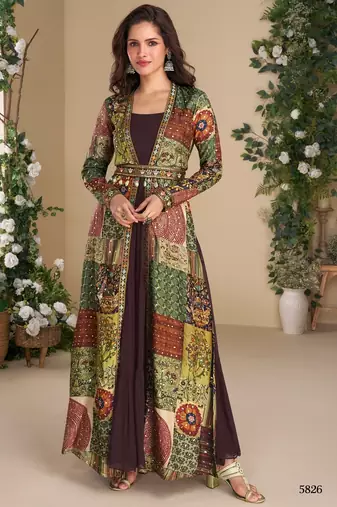 Brown heavy fox georgette free size anarkali shrug suit with silk print