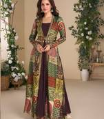 Brown heavy fox georgette free size anarkali shrug suit with silk print