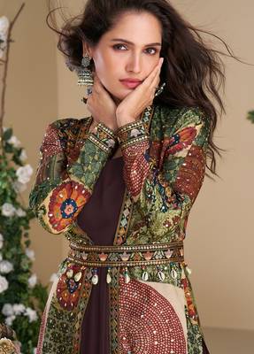 Brown heavy fox georgette free size anarkali shrug suit with silk print 2