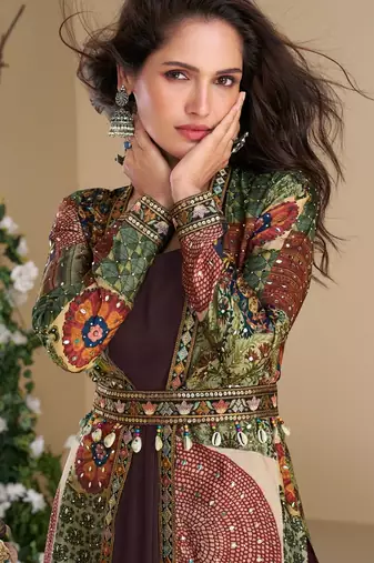 Brown heavy fox georgette free size anarkali shrug suit with silk print