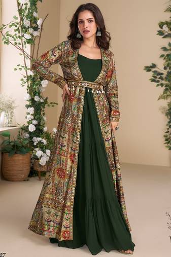 Dark green heavy fox georgette free size anarkali shrug suit with silk print