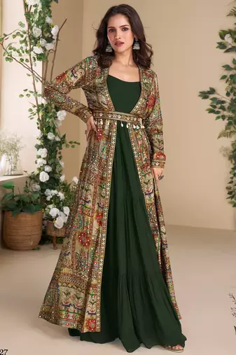 Dark green heavy fox georgette free size anarkali shrug suit with silk print