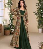 Dark green heavy fox georgette free size anarkali shrug suit with silk print