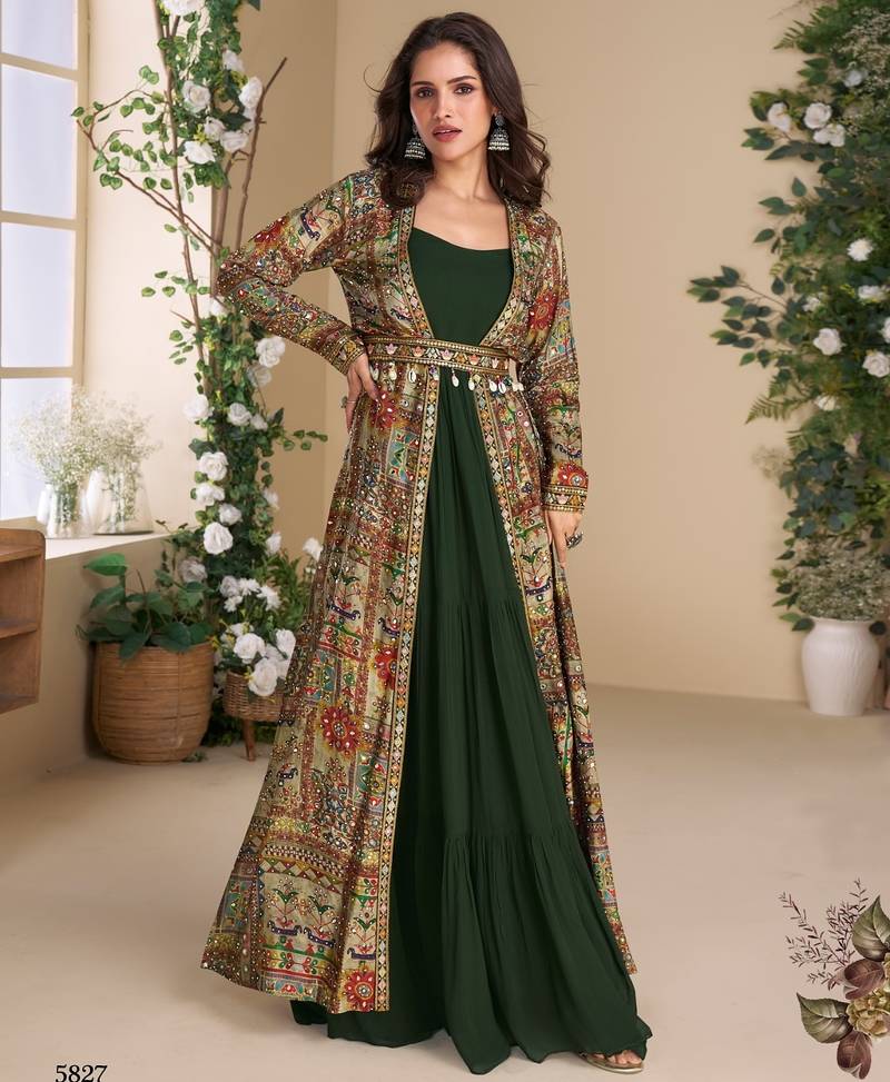Dark green heavy fox georgette free size anarkali shrug suit with silk print
