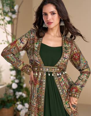 Dark green heavy fox georgette free size anarkali shrug suit with silk print 2