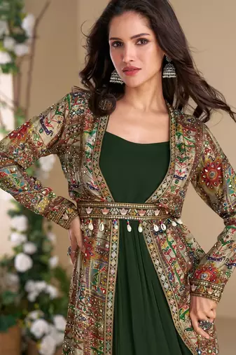Dark green heavy fox georgette free size anarkali shrug suit with silk print